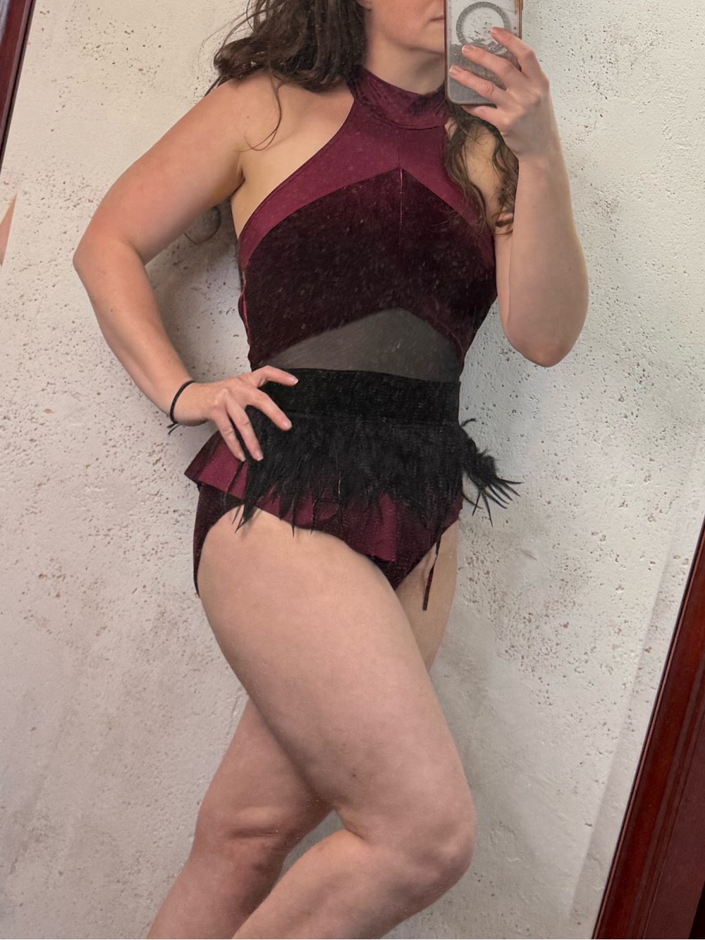 Weissman Dance Costume Burgundy Velvet Leotard with Black Feather Trim Small NEW